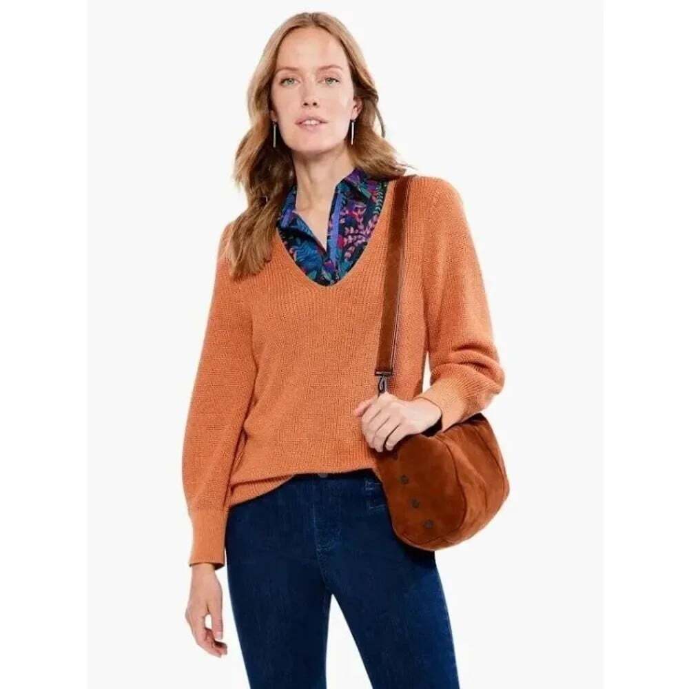 Nic+Zoe shaker v-neck knitted sweater bishop sleeves dusty melon size small VGUC